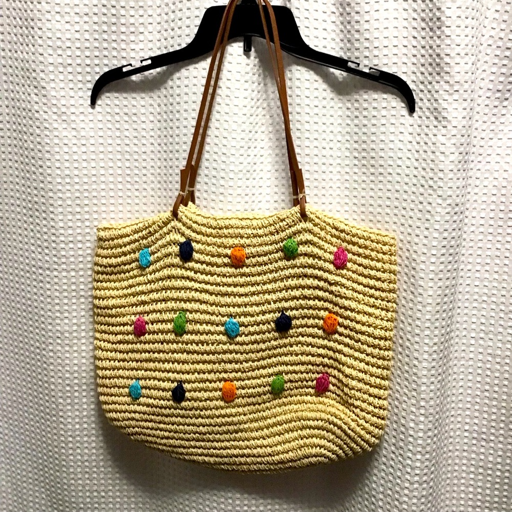 Isaac Mizrahi straw Tote Bag with Playful Pom-Poms